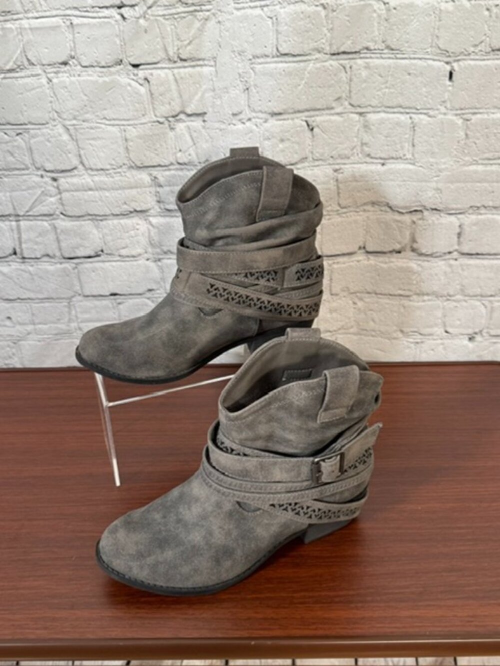 Not Rated Gray Slouch Ankle Boots Size 6.5 Buckle Cutout Booties
